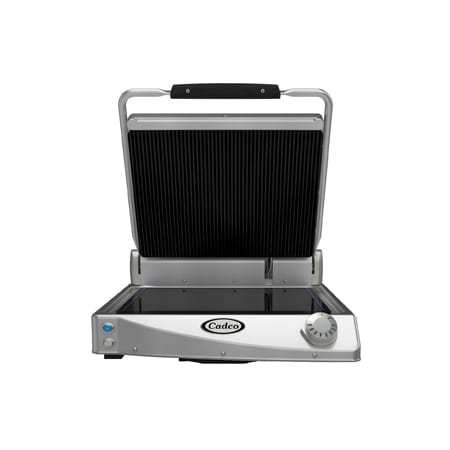 Cadco Jumbo Single Panini Grill, Glass Ceramic, black ribbed top plate CPG-15